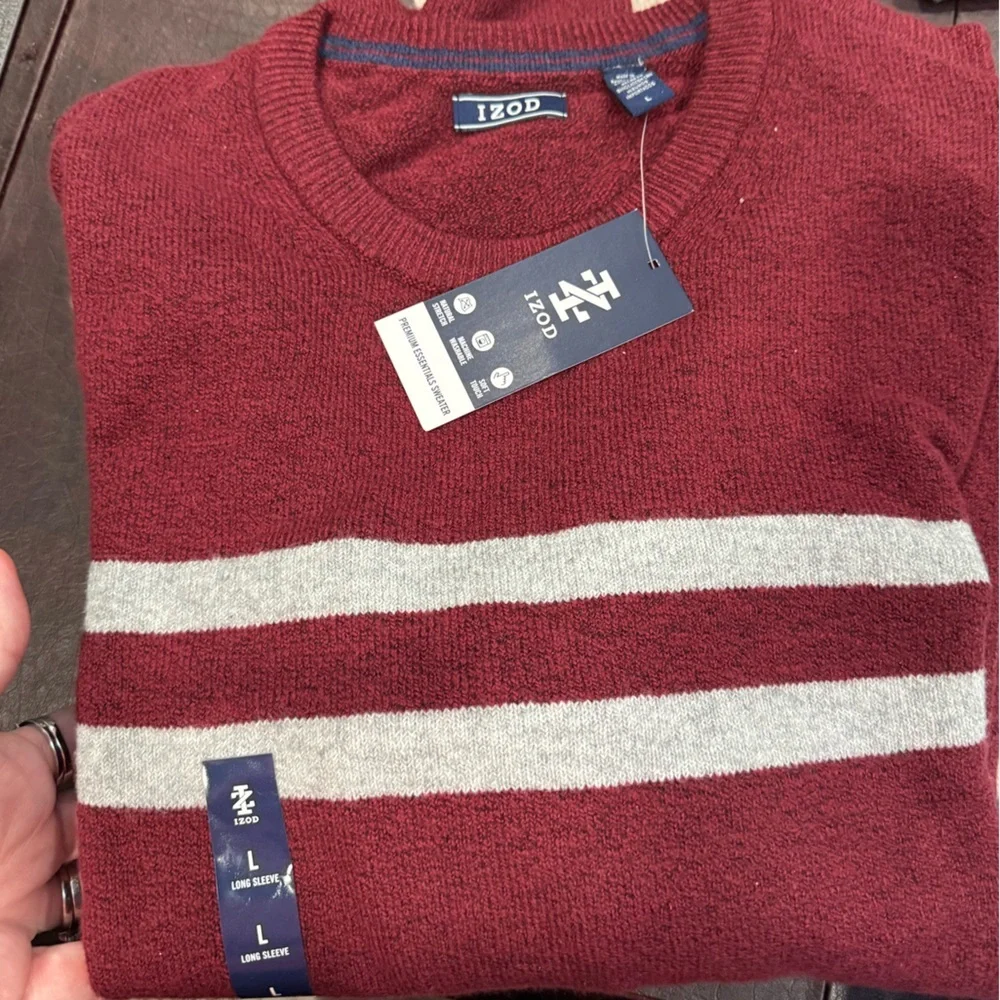 NWT Izod Men's Burgundy Crewneck Knit Sweater with Light Gray Stripes Sz L